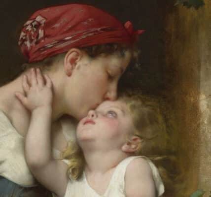 classic painting of a mother giving her toddler a kiss on the head