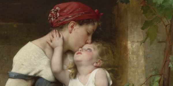 classic painting of a mother giving her toddler a kiss on the head