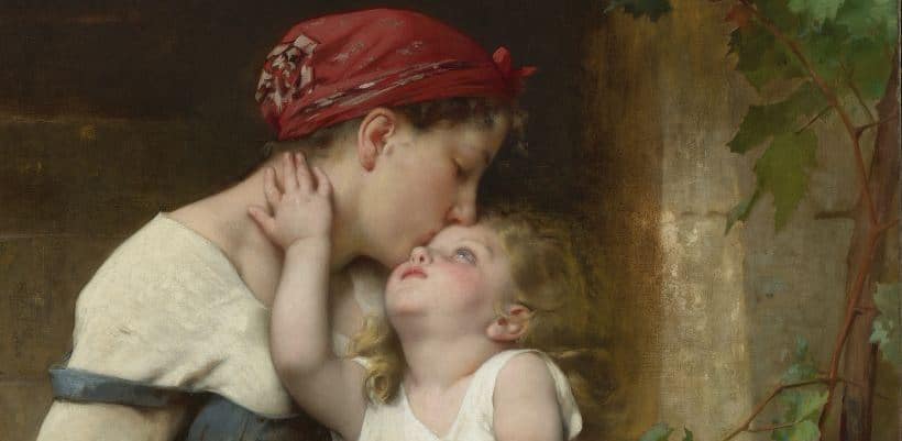 classic painting of a mother giving her toddler a kiss on the head