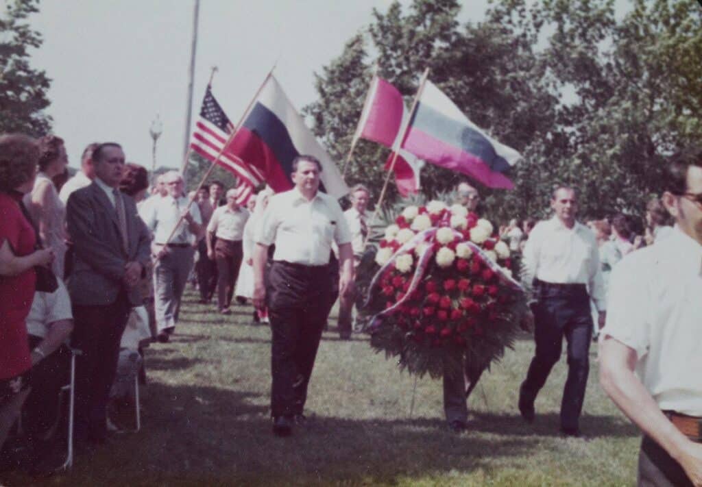 Milan Zajec and Franc Dejak, Domobranci and mass-grave survivors, marching in procession at Spominska Proslava, circa 1974, held at Orlov Vrh at Slovenska Pristava.