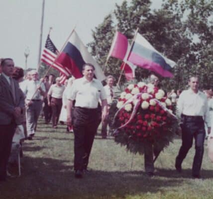 Milan Zajec and Franc Dejak, Domobranci and mass-grave survivors, marching in procession at Spominska Proslava, circa 1974, held at Orlov Vrh at Slovenska Pristava.