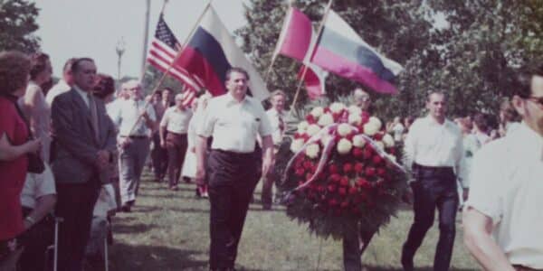 Milan Zajec and Franc Dejak, Domobranci and mass-grave survivors, marching in procession at Spominska Proslava, circa 1974, held at Orlov Vrh at Slovenska Pristava.